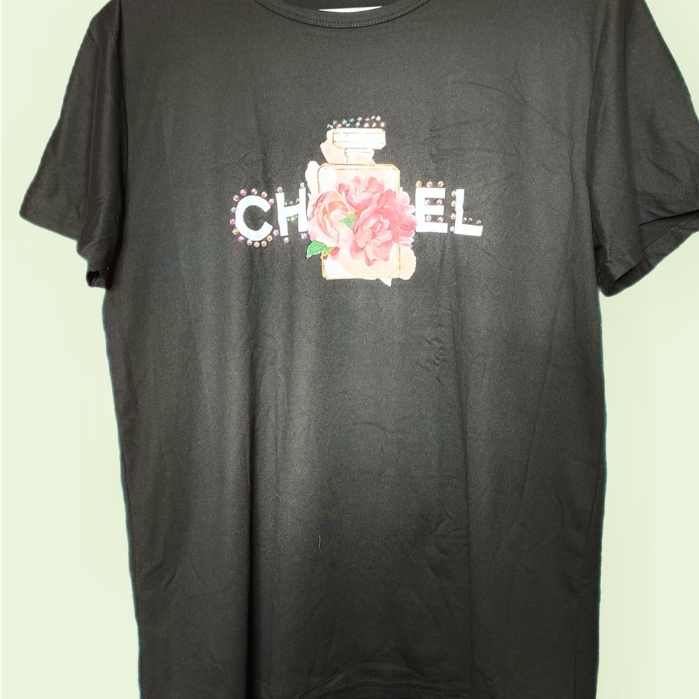 404.NEW Fashion Black flower shirt with European Rhinestones